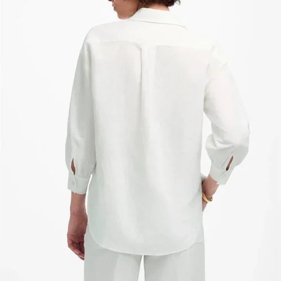 NWT Madewell Women's Sz S White Shirred Button-Up Shirt in Linen-Cotton NV186 - Picture 2 of 10